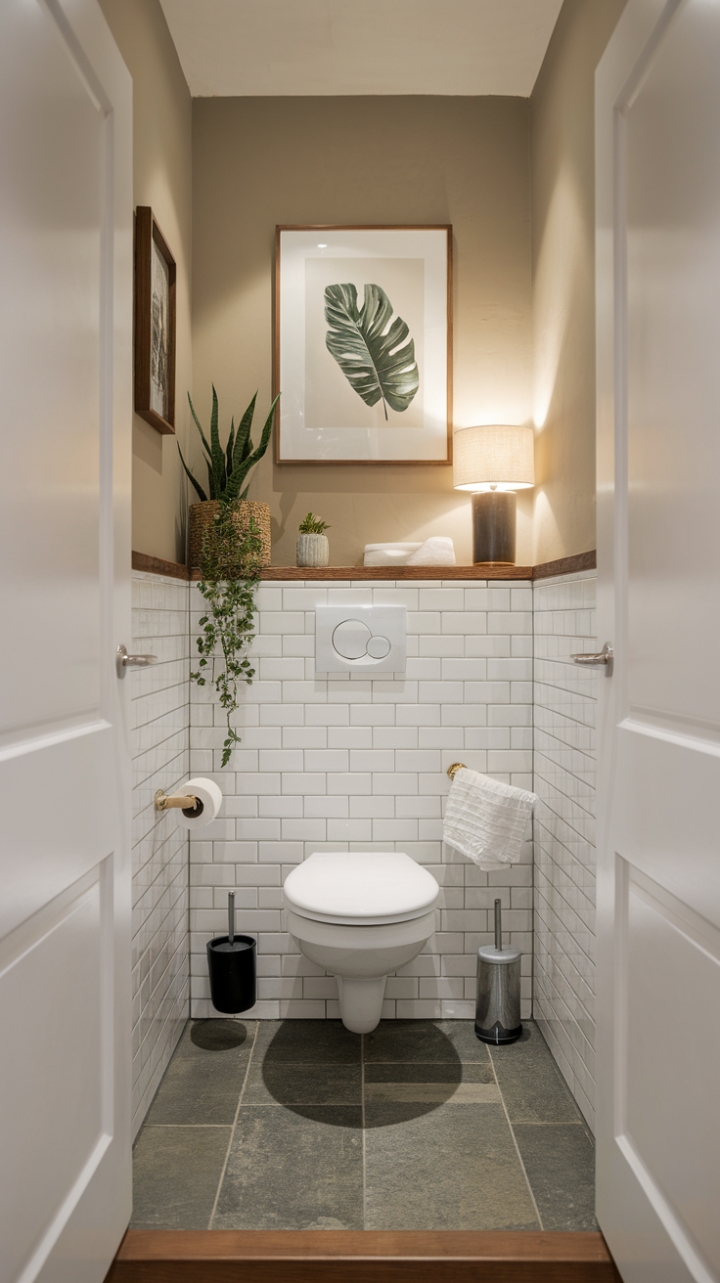 Charming Ground Floor Guest Toilet with Sleek Tiles and Warm Decor