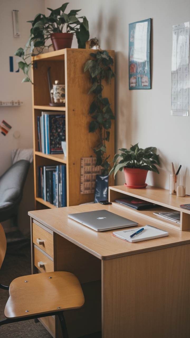 Inviting Study Space with Cozy Desk and Greenery