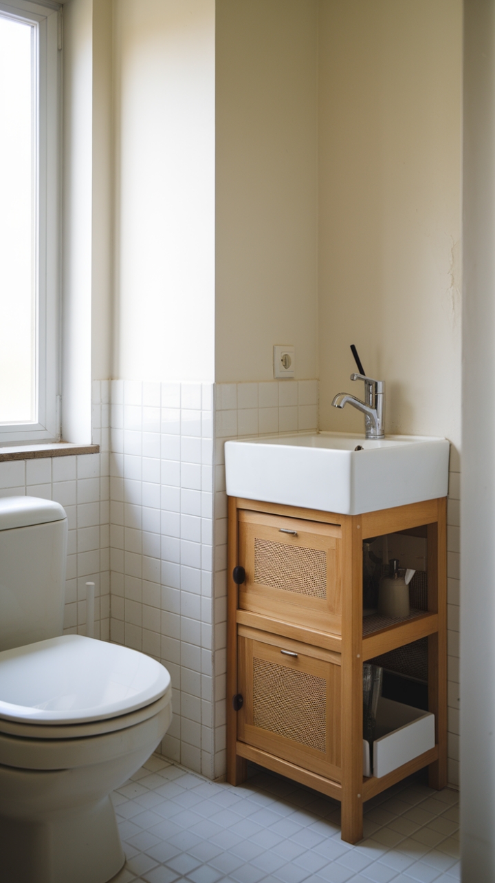 Bright and Organized Small Bathroom with Clever Corner Design