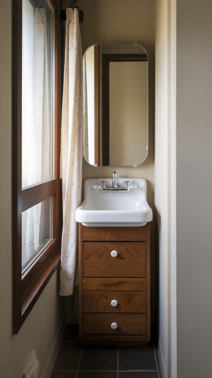 Bright and Practical Bathroom with White Sink and Tiled Floor