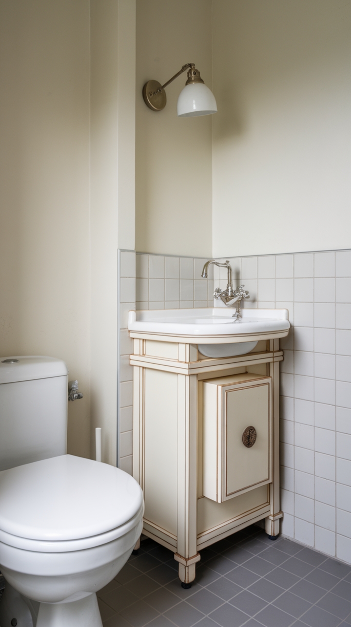 Corner Elegance: Compact White Vanity Maximizes Small Bathroom Space