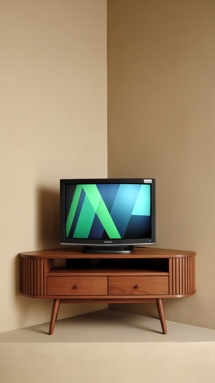Corner Elegance: Narrow Wooden TV Stand with Discreet Storage