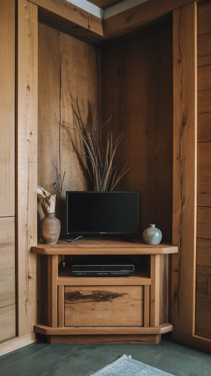 Cozy Rustic Corner: Minimalist TV Stand with Natural Wood Accents