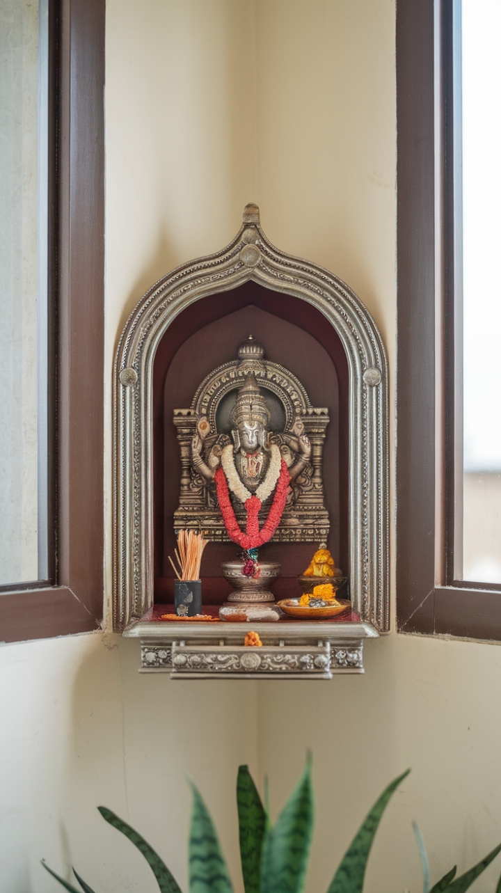 Serene Space: A Stylish Wall-Mounted Pooja Mandir in a Cozy Corner