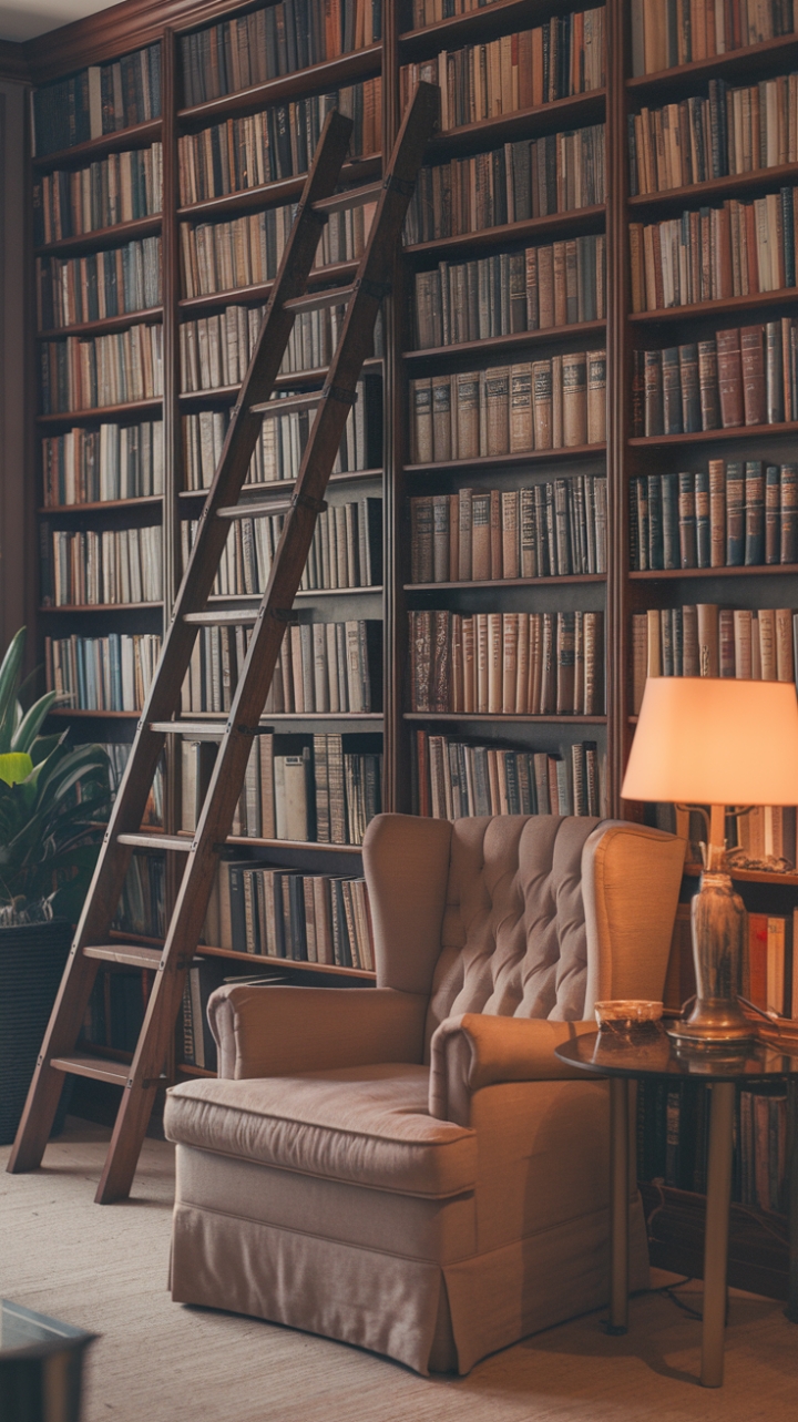 Elegant Reading Nook with Floor-to-Ceiling Shelves and Warm Lighting
