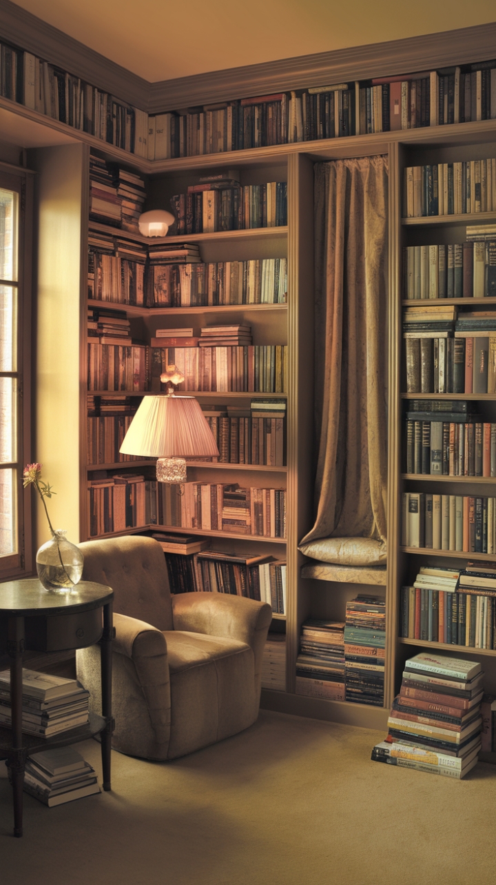 Cozy Reading Retreat with Shelves and Soft Lighting