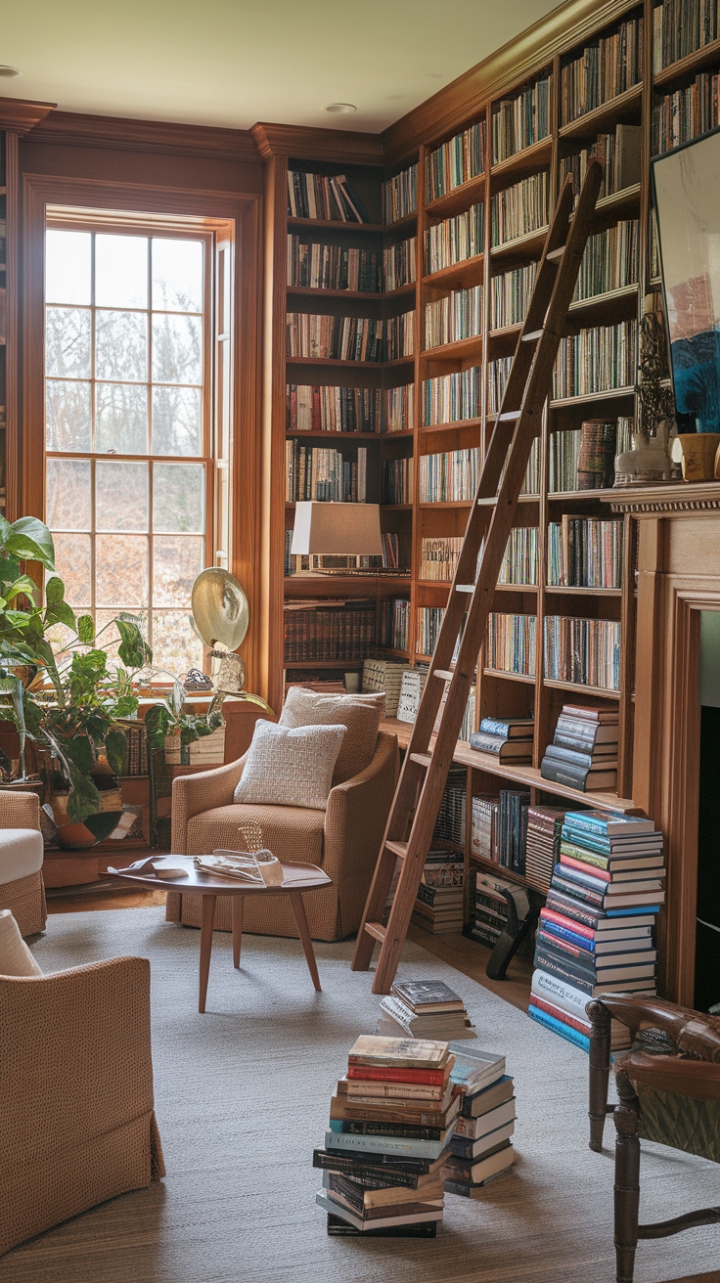 An Inviting Literary Haven with Shelves, Fireplace, and Natural Light
