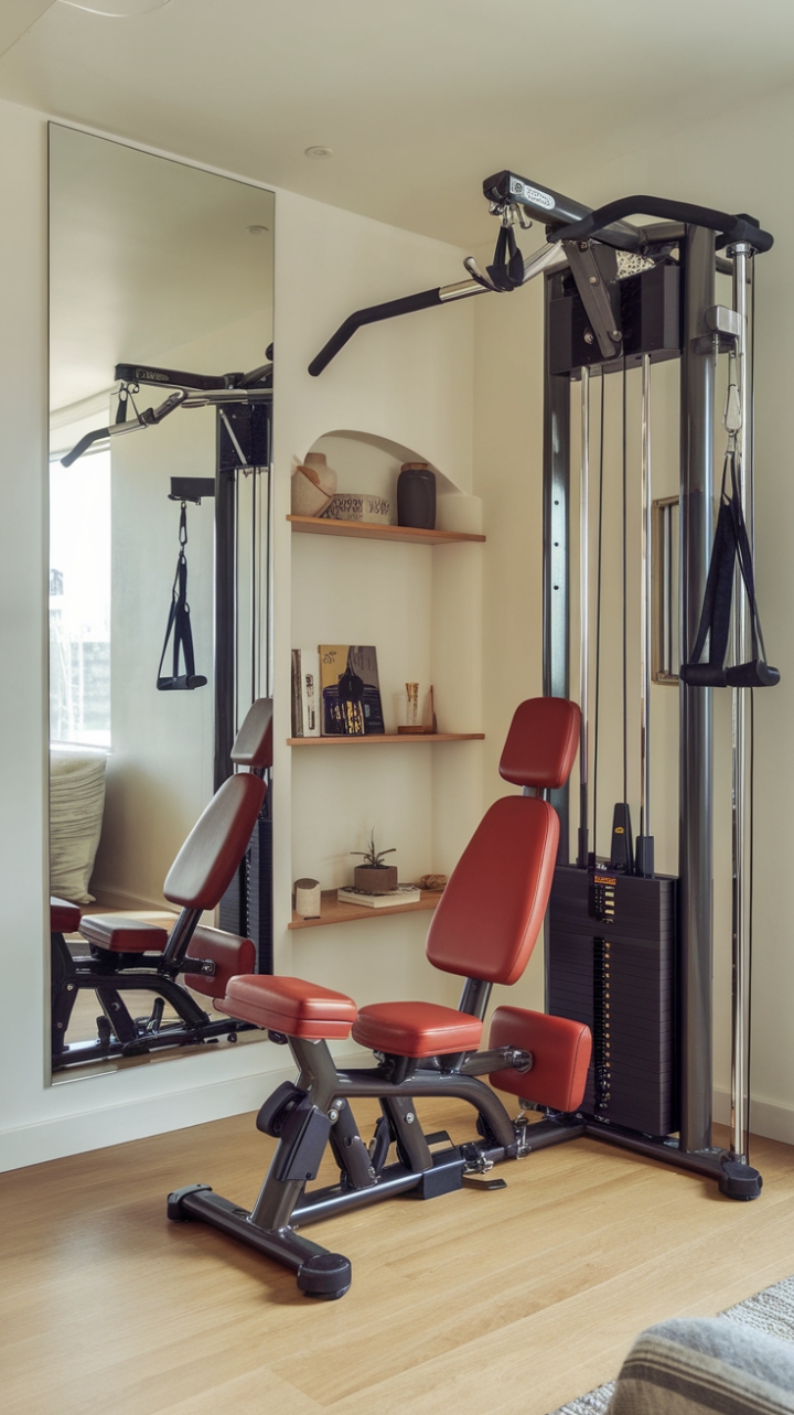 Space-Saving Fitness Area with Bright Lighting and Multi-Functional Equipment