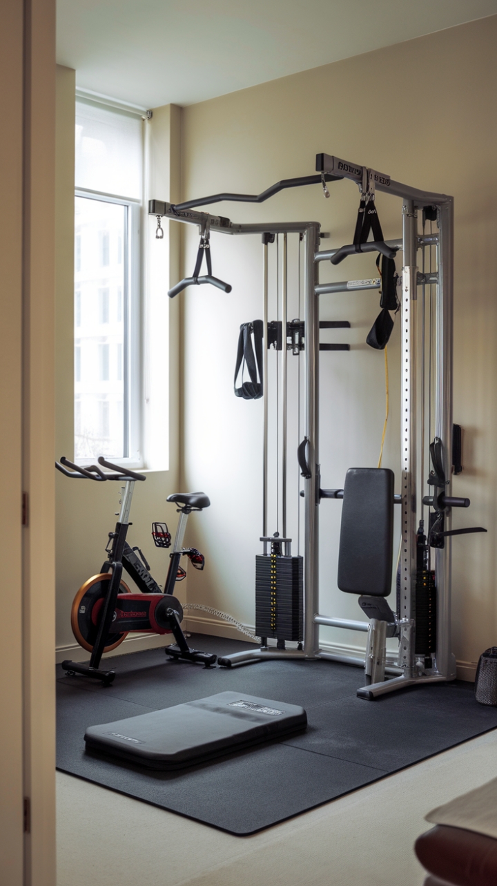 Cozy Apartment Fitness Nook with Multi-Functional Equipment