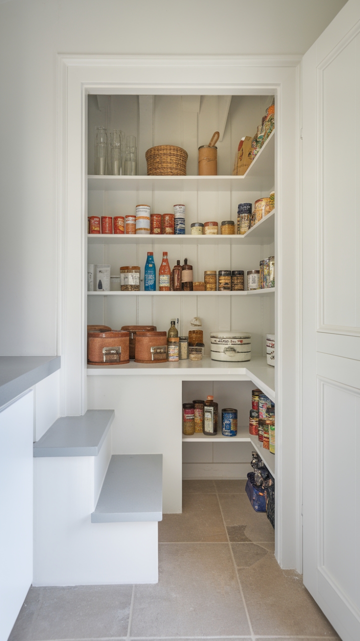 Charming White Step-In Pantry Maximizes Compact Storage