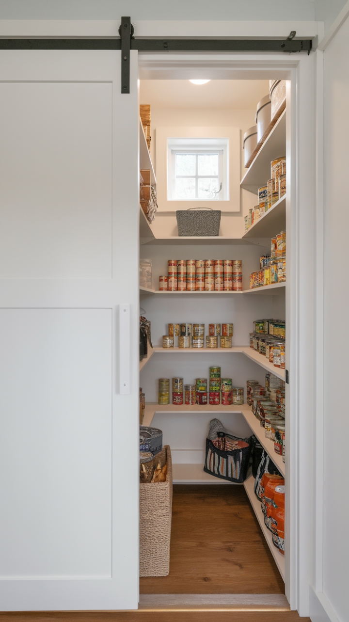 Efficient Narrow Pantry with Sliding Door and Natural Light