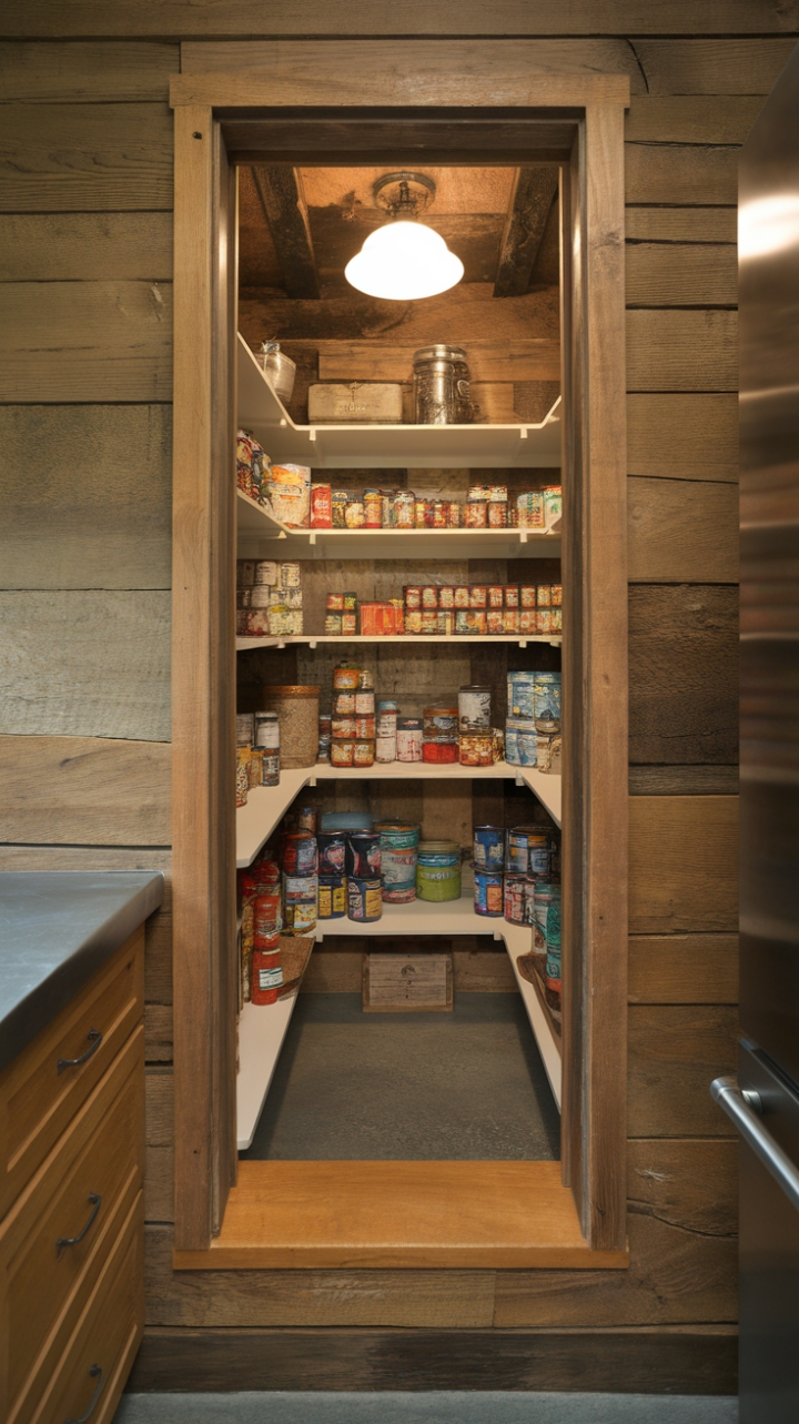 Cozy Industrial Pantry with Rustic Wooden Shelves and Efficient Storage
