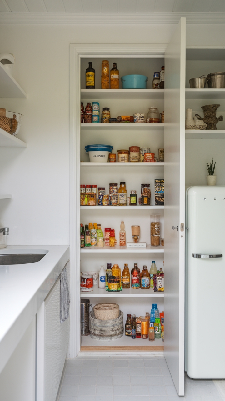 Bright White Walk-In Pantry Maximizes Small Kitchen Storage