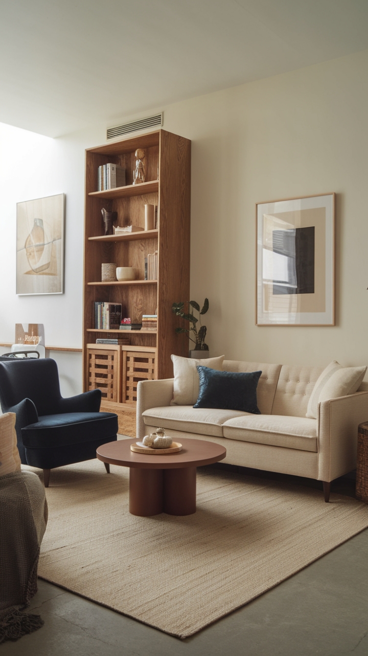 Charming Compact Living Room with Warm Tones and Stylish Accents