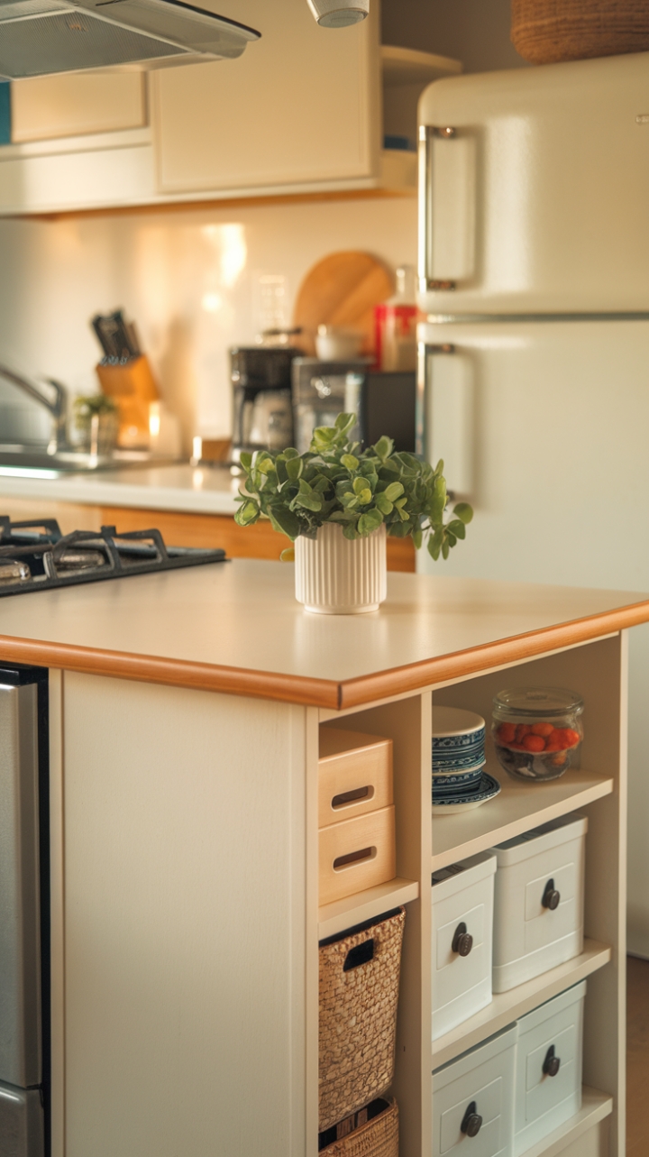 Elegant Narrow Island with Built-In Storage and Warm Lighting