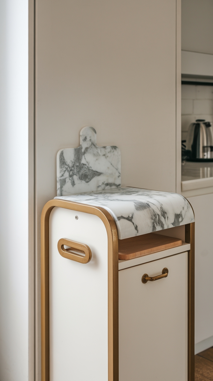 Chic Compact Kitchen Island with Marble Top and Built-In Cutting Board