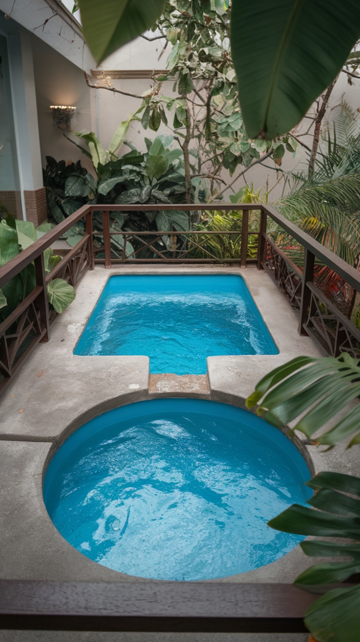 Compact Concrete Pool Oasis with Vibrant Surroundings