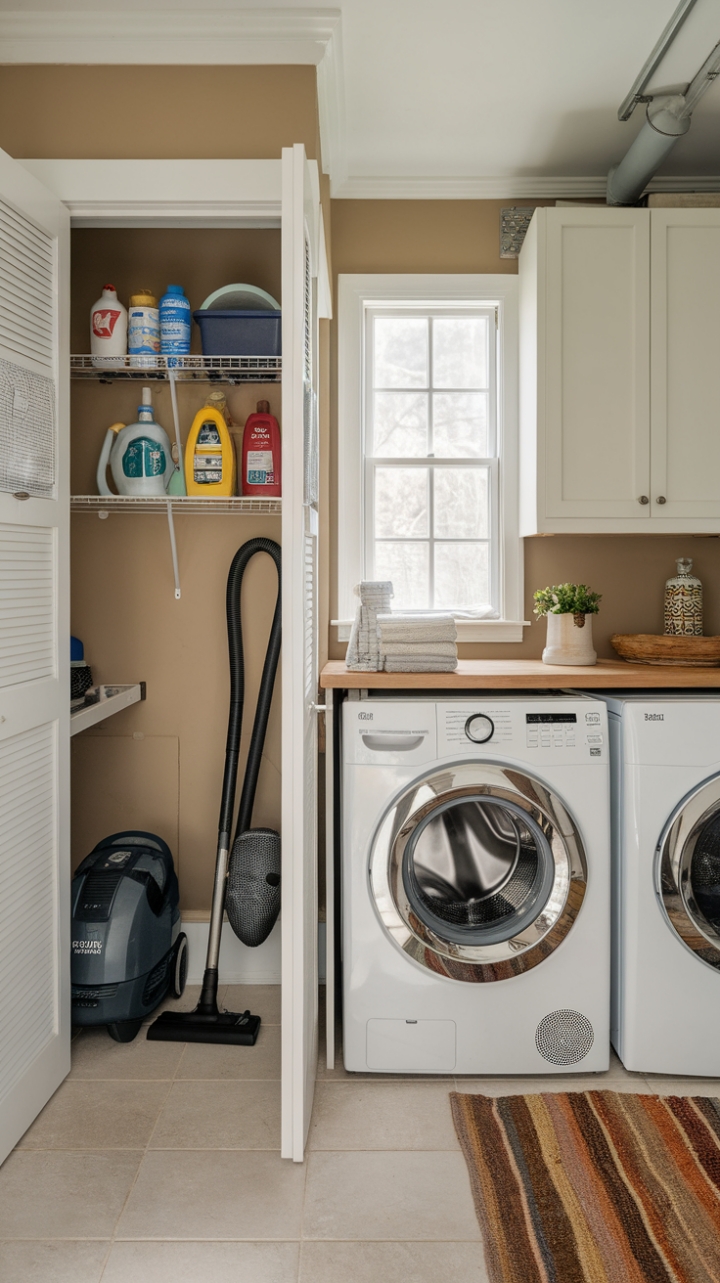 Charming Compact Laundry Room with Warm Tones and Practical Storage