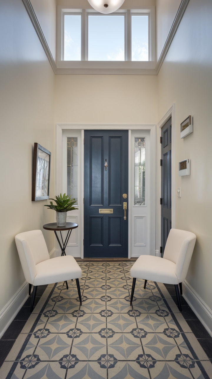 Bold Blue Door and Patterned Floor Elevate Compact Entryway