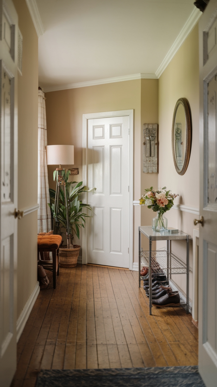 Warm Beige Entryway with Wooden Floor and Mirror