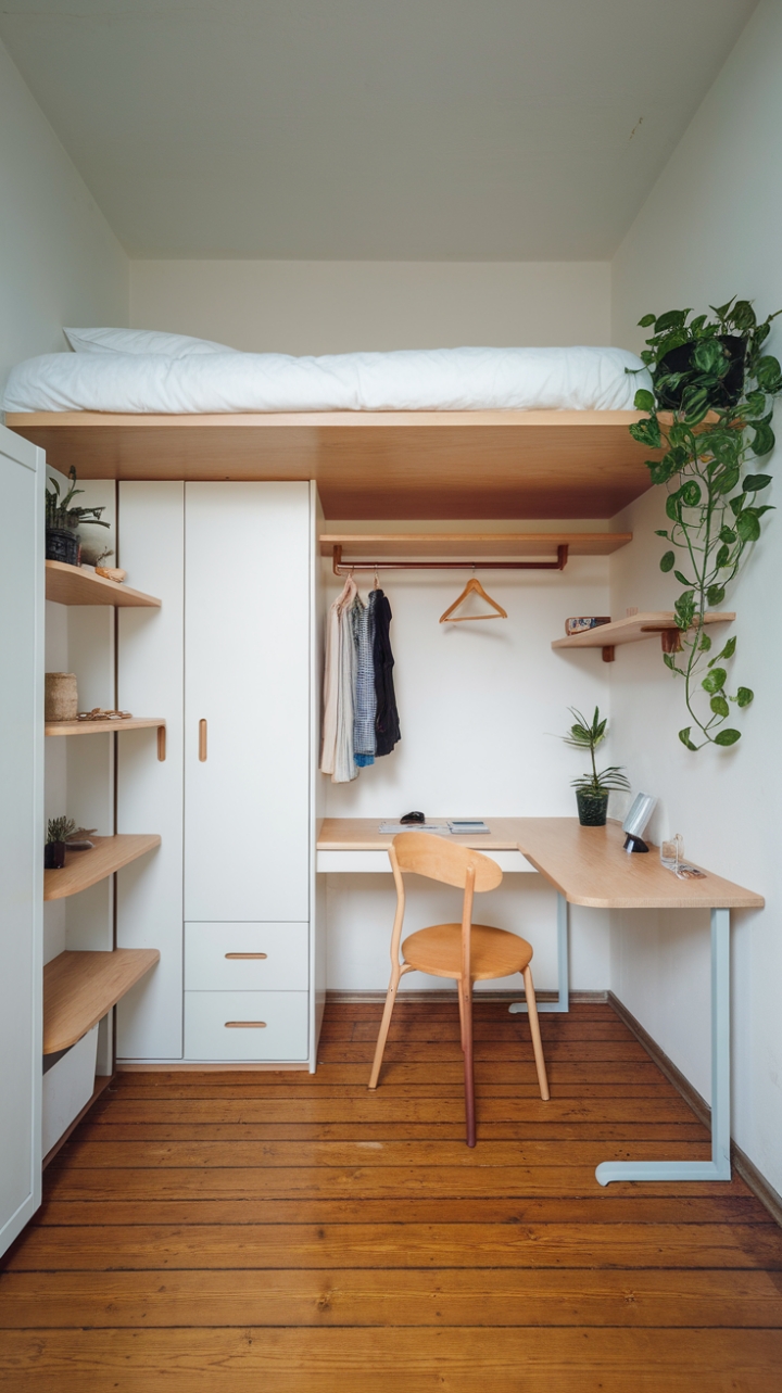 Cozy Space-Saving Bedroom Featuring Loft Bed and Natural Accents
