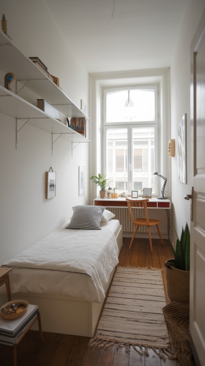 Compact Retreat Featuring a Twin Bed, Overhead Shelf, and Bright Desk Area
