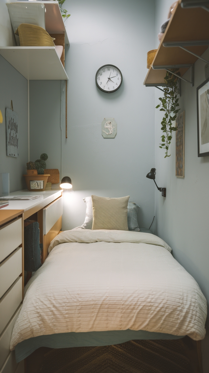 Charming Tiny Bedroom with Calm Blue Hues and Thoughtful Details