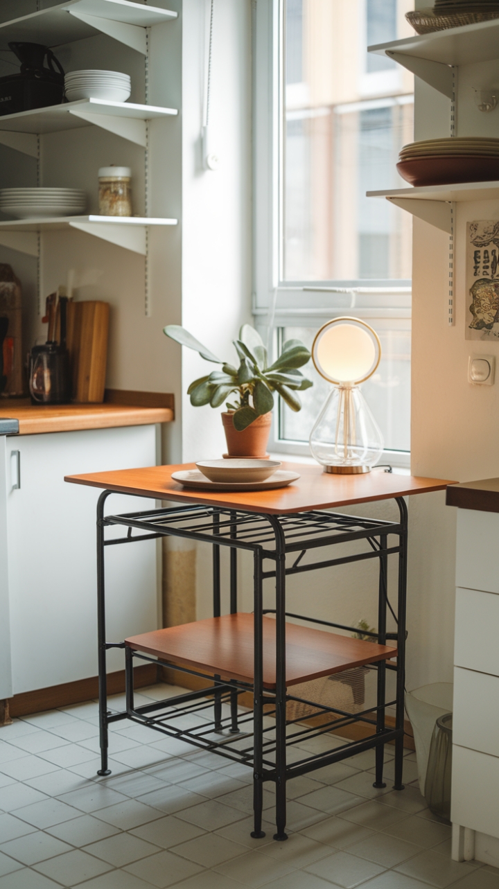 Cozy Wooden Table with Metal Frame Enhances Natural Light and Functionality
