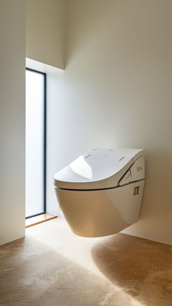 Compact and Stylish Wall-Mounted Toilet Enhances Bright, Inviting Space