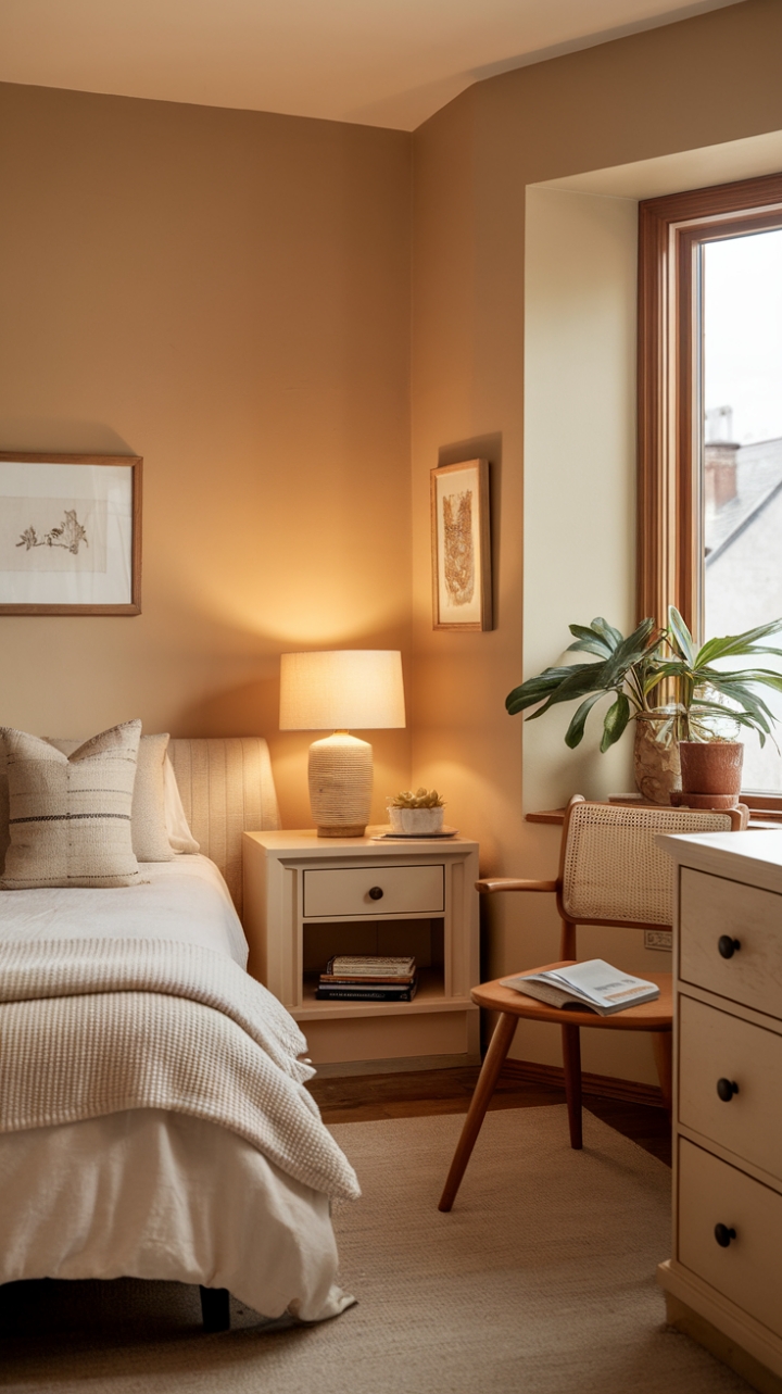 Warm and Inviting Small Bedroom with Green Touch