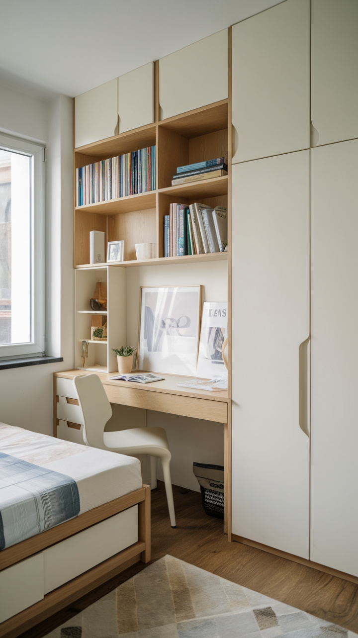 Efficient Living: Cozy Bed, Practical Desk, and Ample Storage