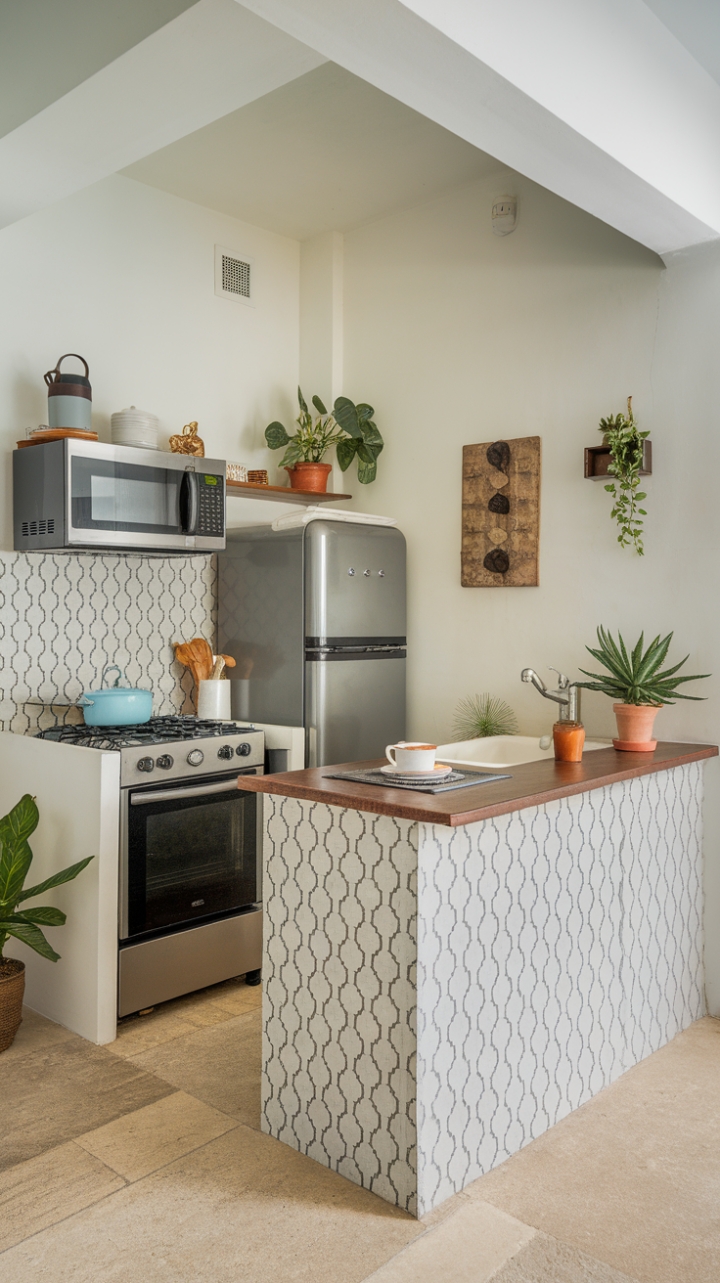 Chic Compact Kitchen with Geometric Backsplash and Cozy Accents