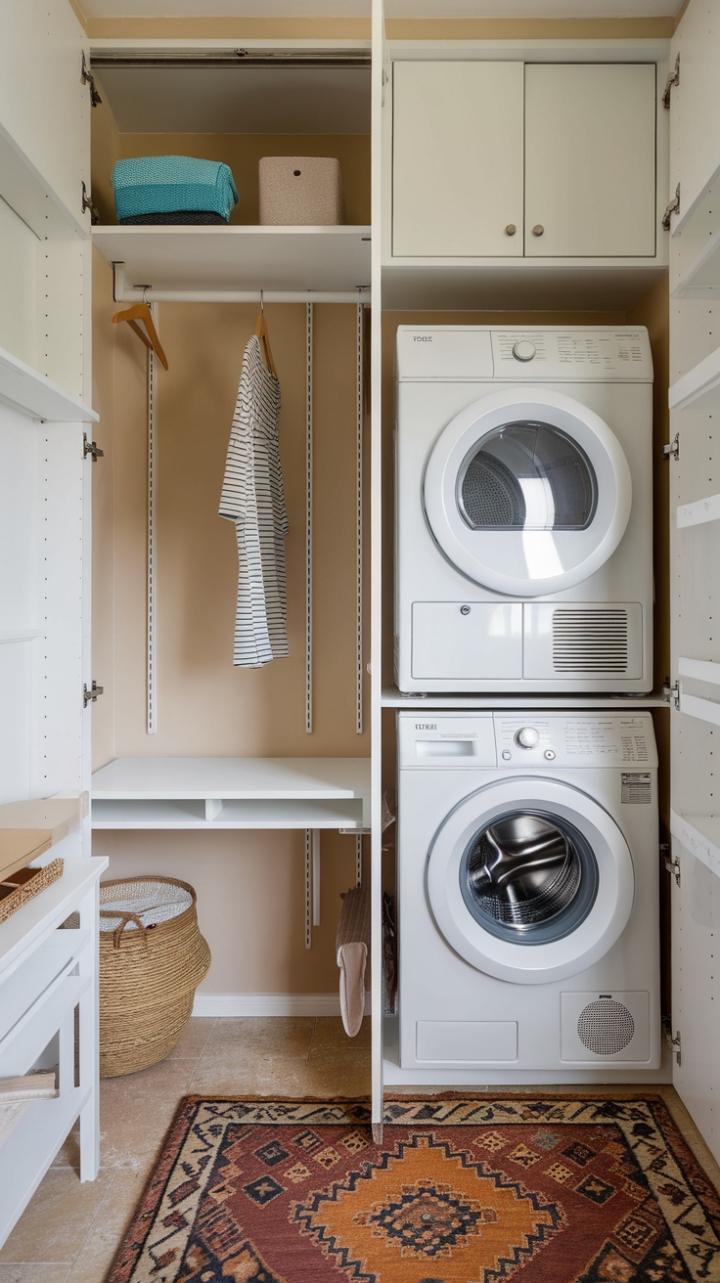 Organized Laundry Space with Beige Walls and Patterned Rug