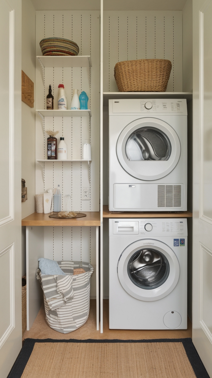 Efficient Small Laundry Space with Vertical Storage and Cozy Touches