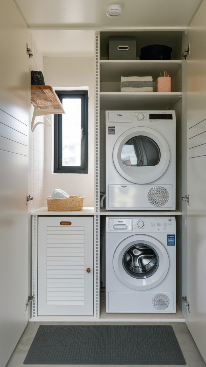 Minimalist Laundry Nook with Floating Shelf and Concealed Storage