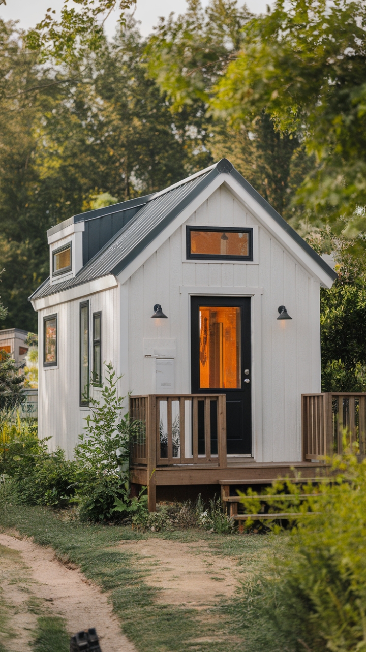 Tranquil Charm: A Cozy White House with a Black Door and Inviting Deck
