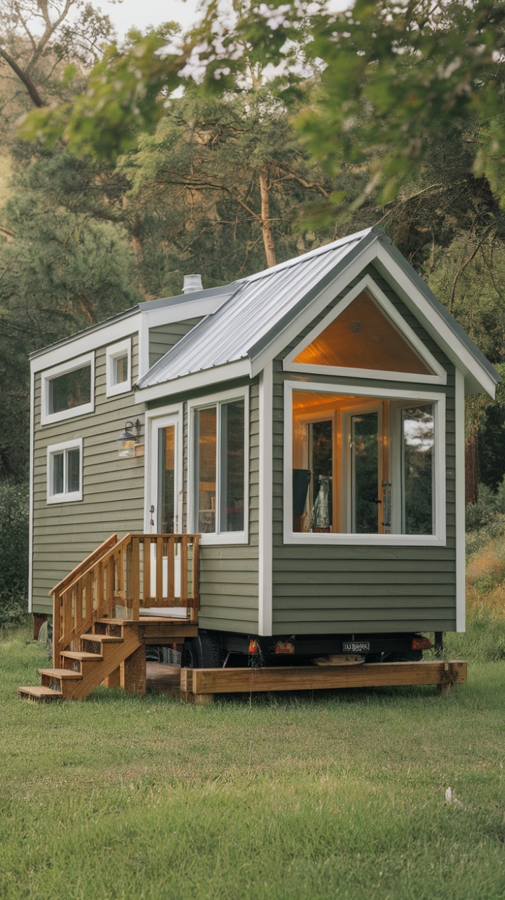 Serene Forest Retreat with Vibrant Green Tiny House