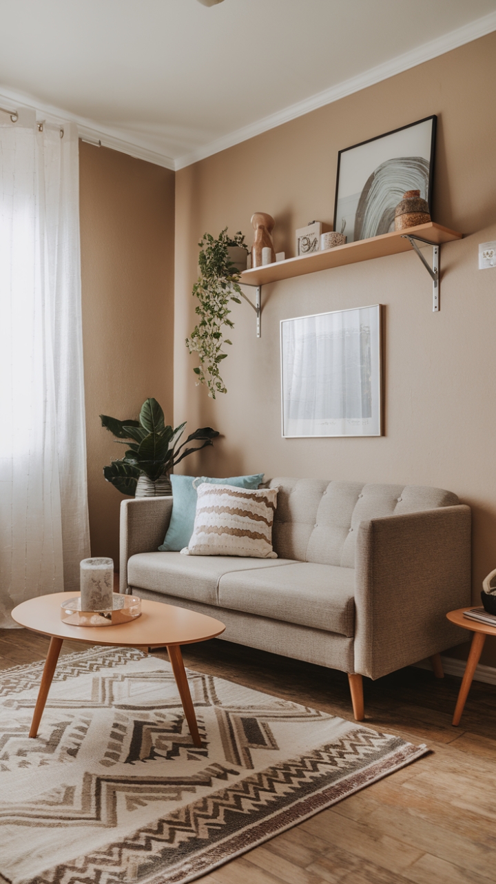 Charming Compact Living Room with Patterned Rug and Thoughtful Decor