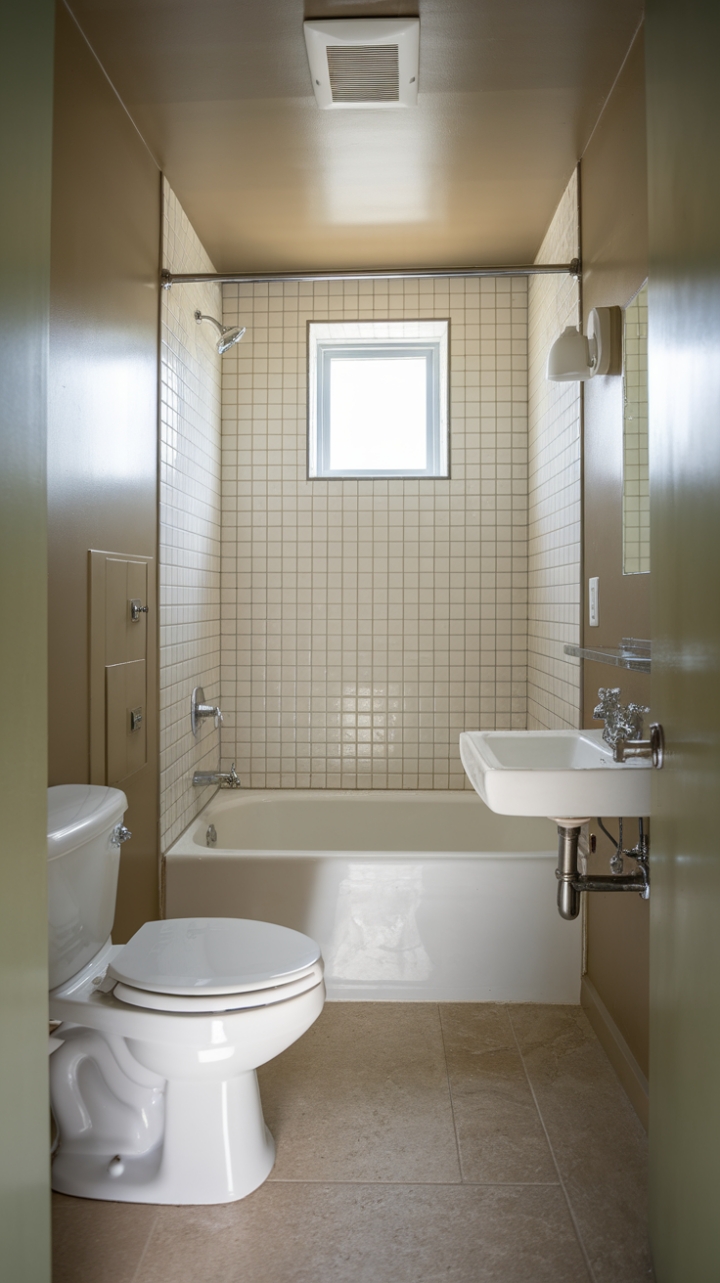 Efficient Small Bathroom with Warm Tones and Natural Light