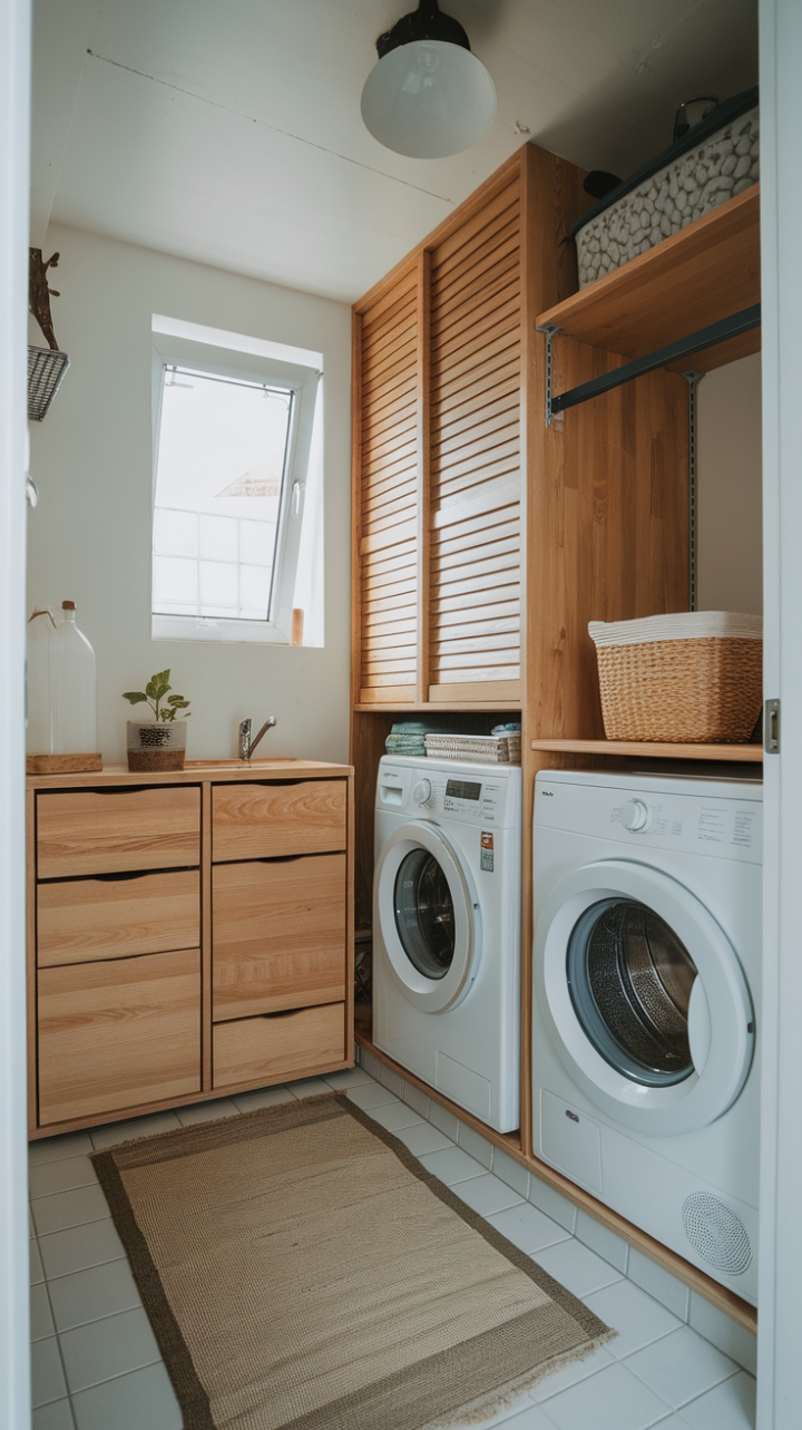 Charming Compact Laundry Room with Wooden Cabinet and Natural Light