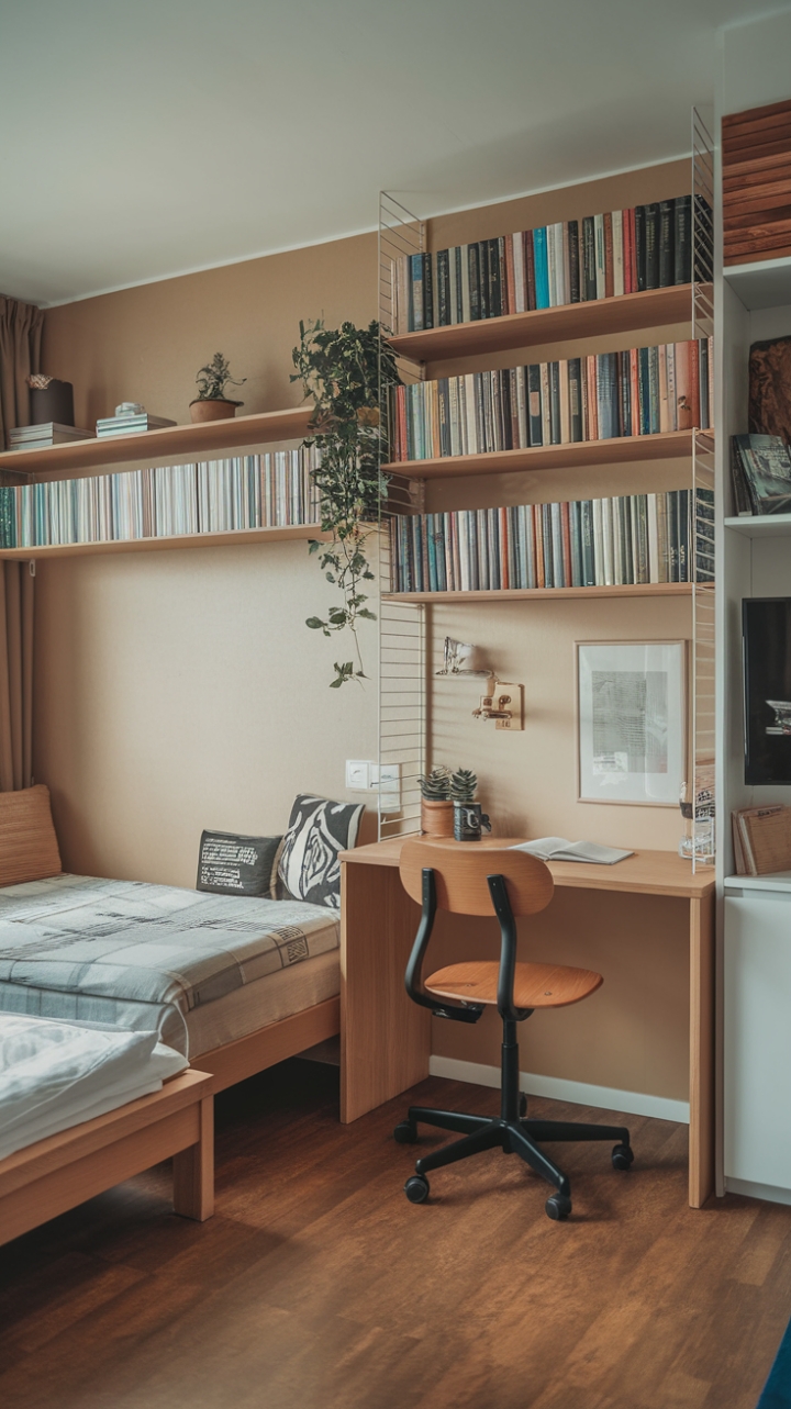 Serene Studio: Neutral Tones and Wooden Accents for Cozy Living
