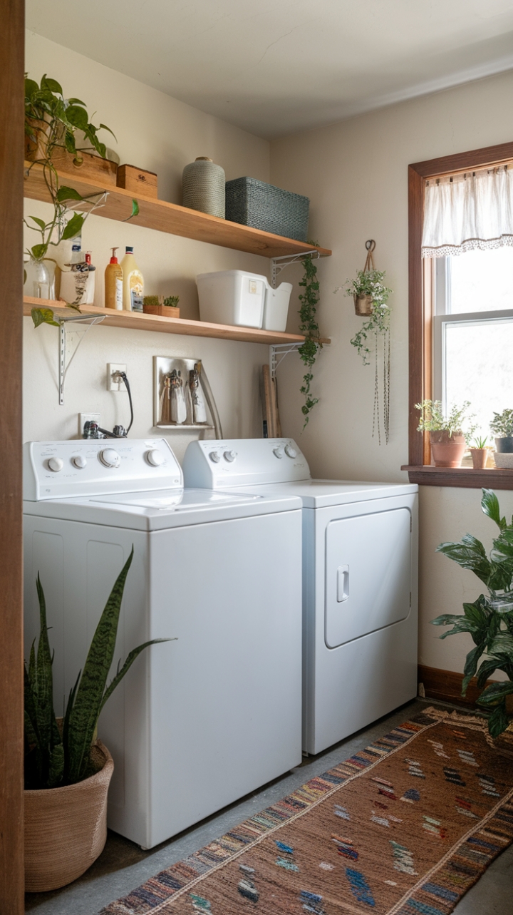 Cozy Farmhouse-Inspired Laundry Nook with Wooden Shelves