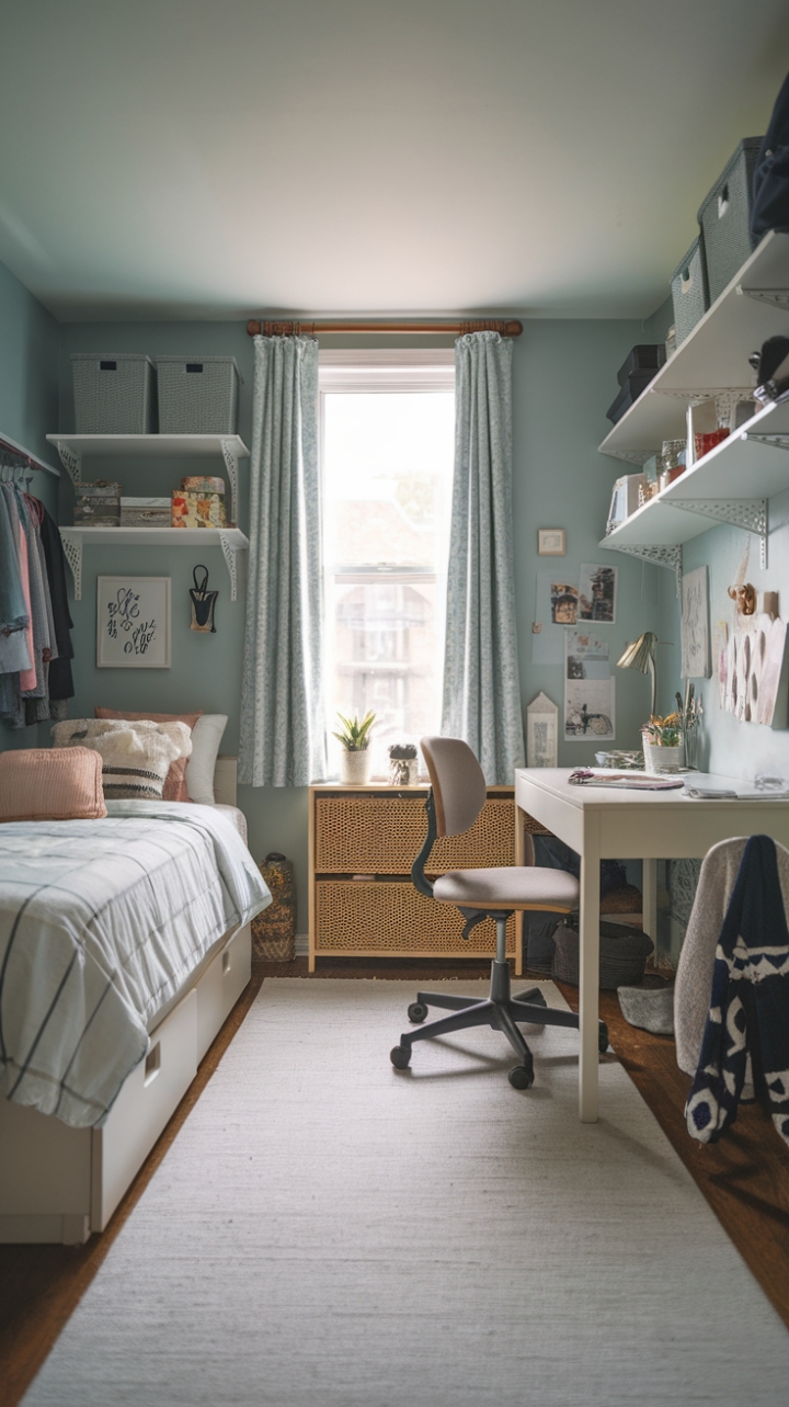 Cozy and Clever: A Small Teen Bedroom's Stylish Space-Saving Design