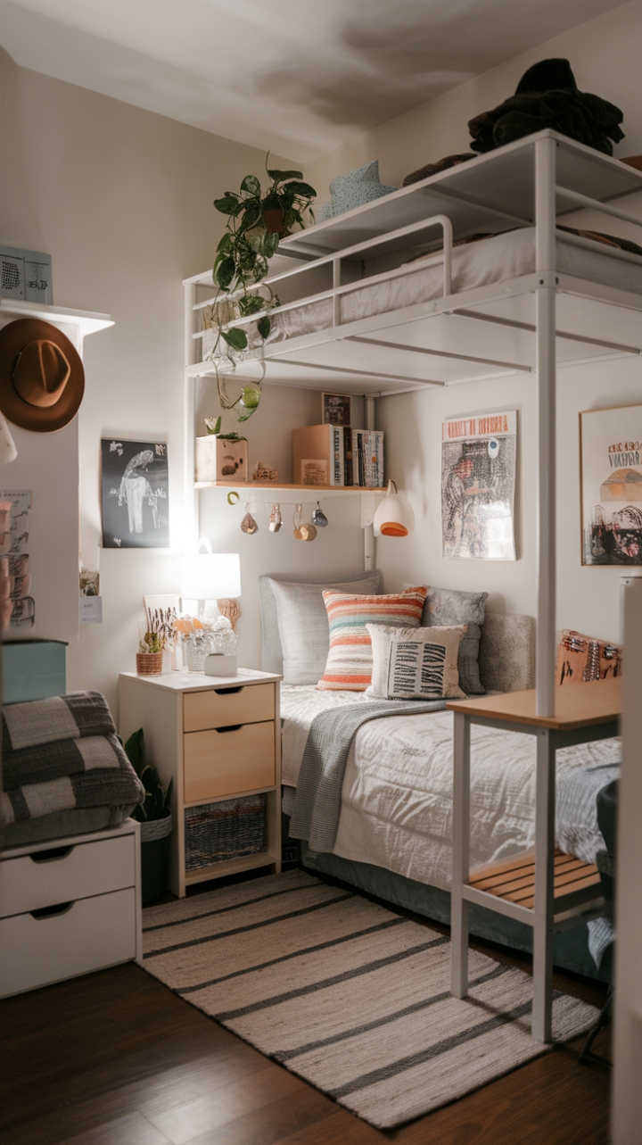 Compact Chic: Stylish Teen Bedroom with Loft Bed and Personal Touches