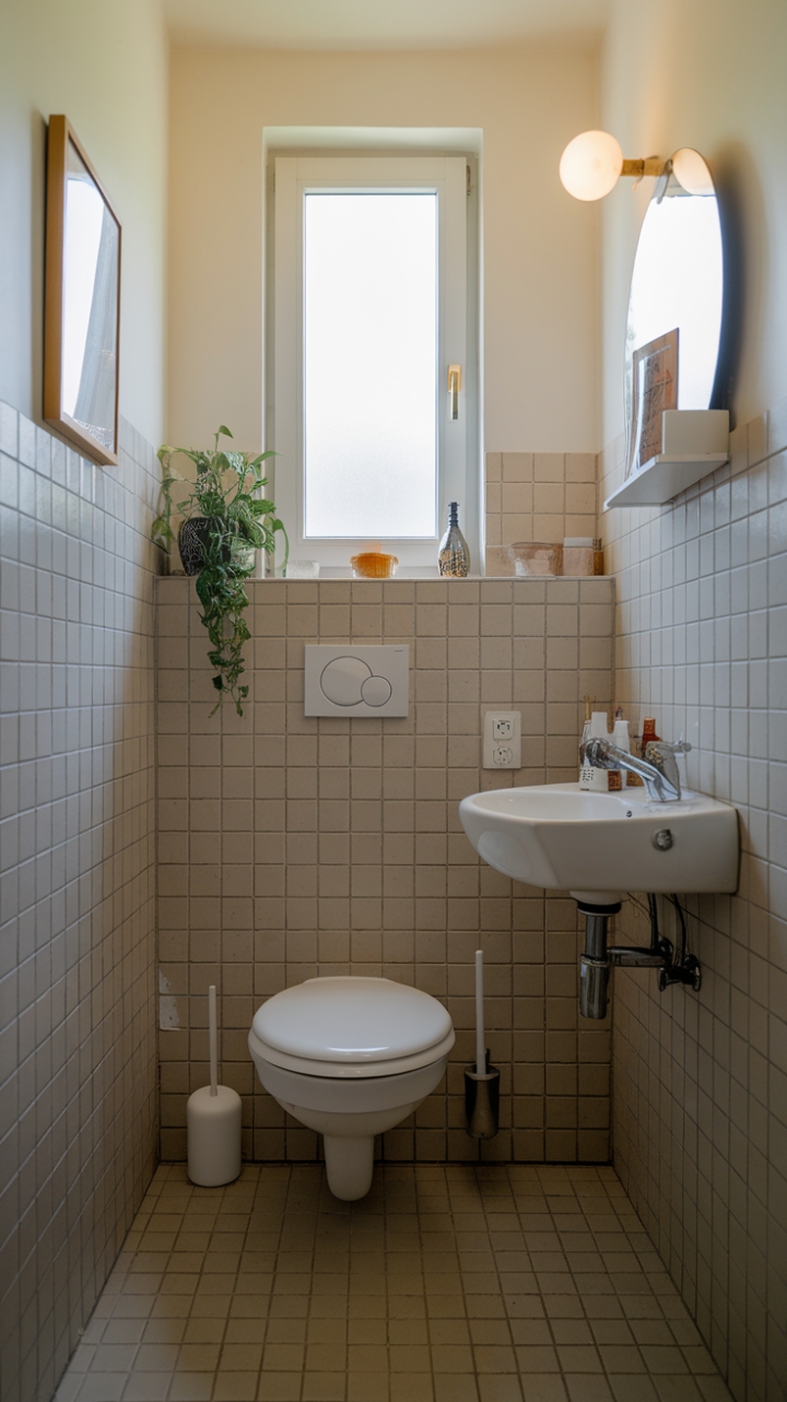 Cozy Beige-Tiled Bathroom with Natural Light and Simple Decor