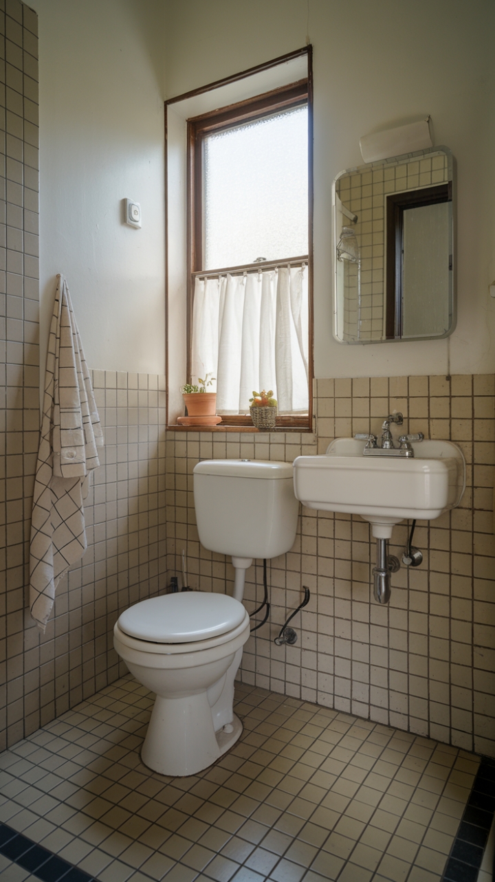 Charming Small Bathroom with Tiled Floor and Cozy Details