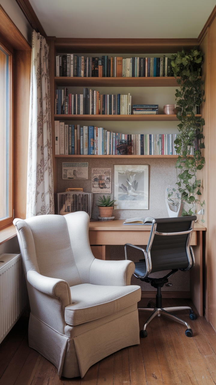 Inviting Study Nook with Warmth and Greenery