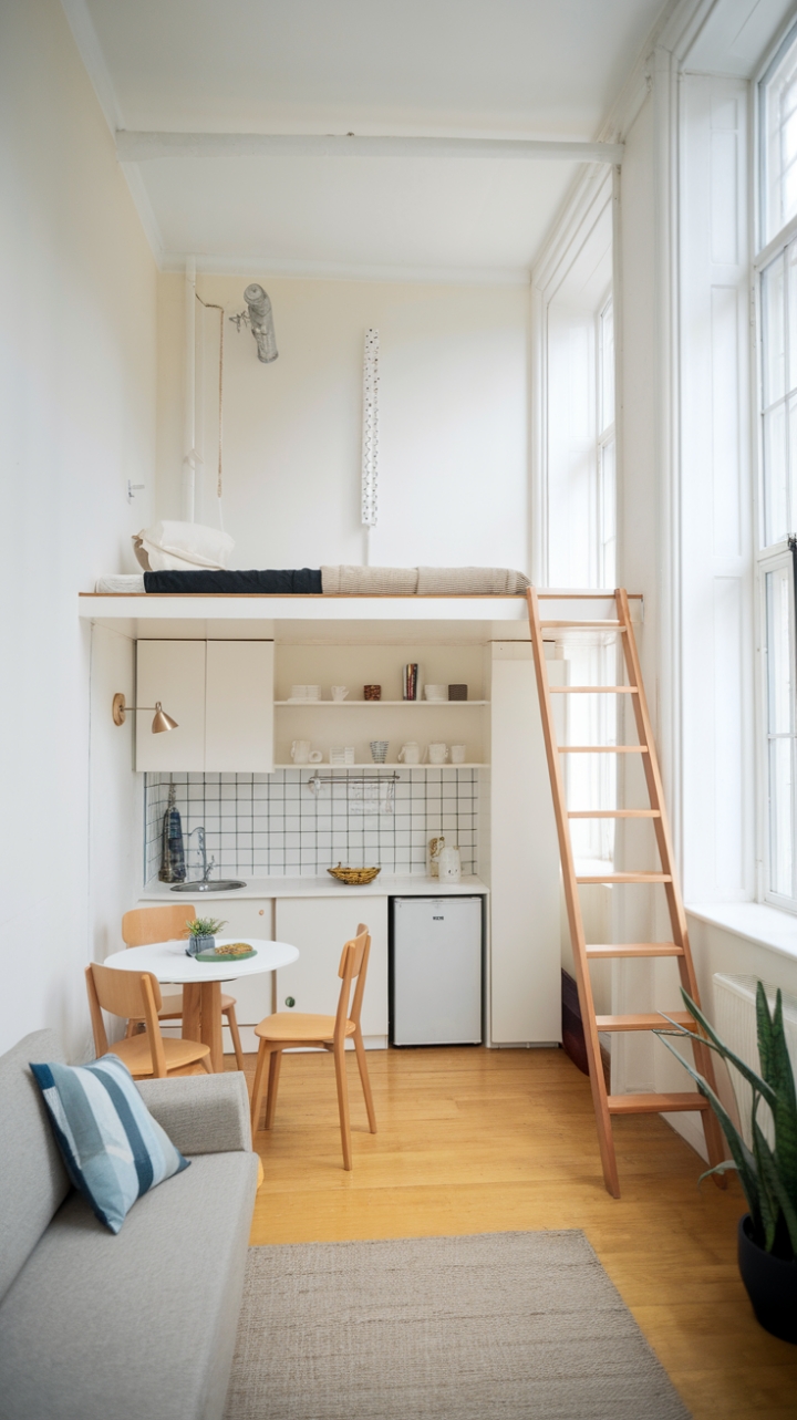 Charming Compact Living with Loft Bed and Natural Light