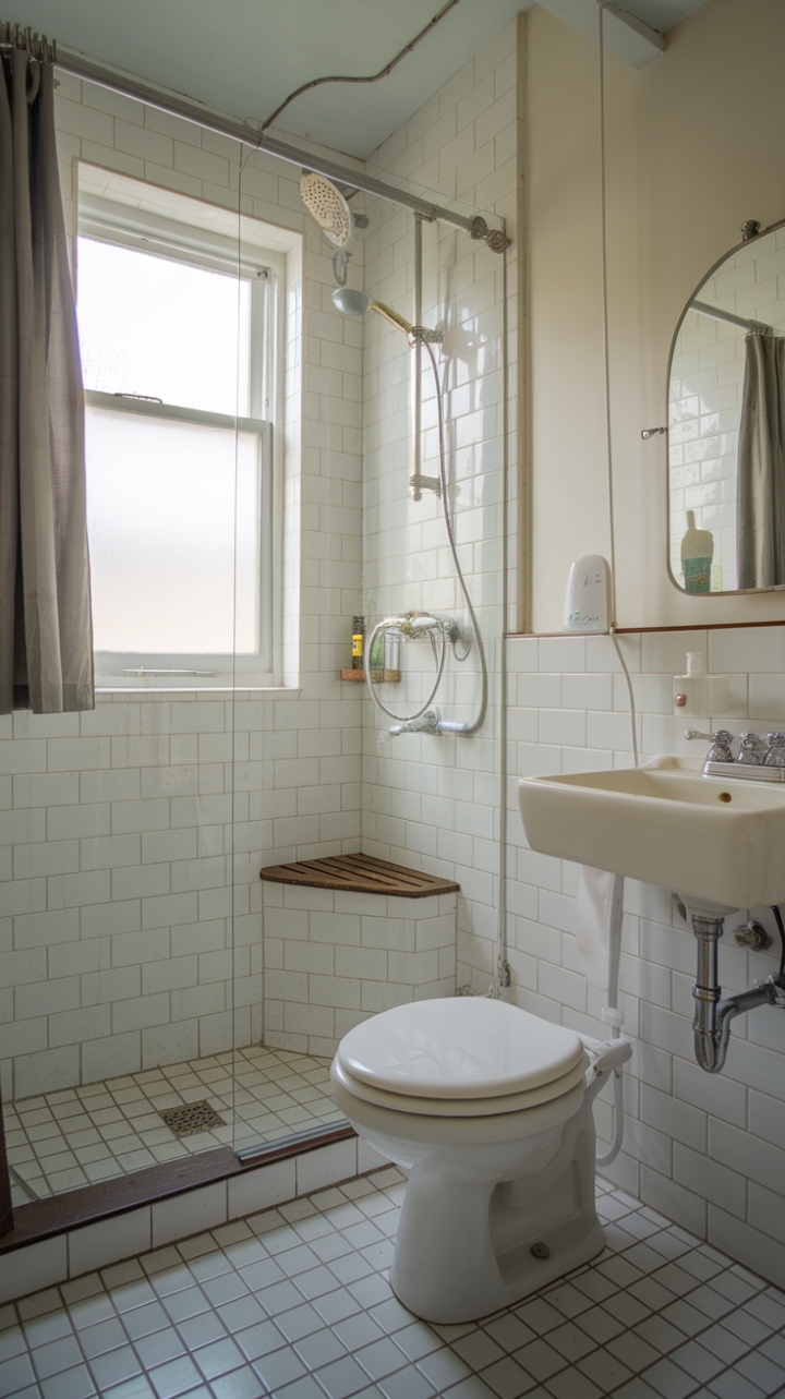 Compact Shower Space with Glass Enclosure and Natural Light