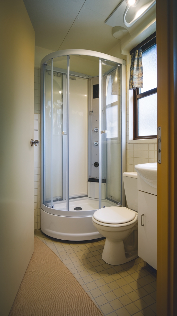 Bright and Compact: A White Shower Enclosure with Soft Accents